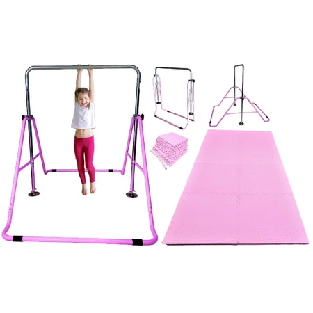 Progymnastics Gymnastics Bar for Kids Kip Bar Horizontal Jungle Gym with 8 Ft. x 4 Ft. EVA Tumble Mat  Junior Training Monkey Bars Home Gym Adjustable Height Expandable Junior Training Bar Indoor Foldable  Pink