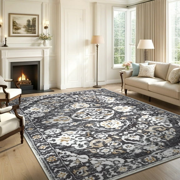 MeyJey Boho Indoor Living Room Area Rug 5'x8', Non-Slip Machine Washable Vintage Oriental Floor Carpet for Bedroom Dining Kitchen Hallway, Gray/Brown