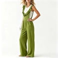 thumbnail image 4 of SAWOBUUN Women Sleeveless Ruffle Trim Wide Leg Jumpsuit Casual V Neck Cotton Loose Fit Overalls Summer Vacation Long Pants, 4 of 6