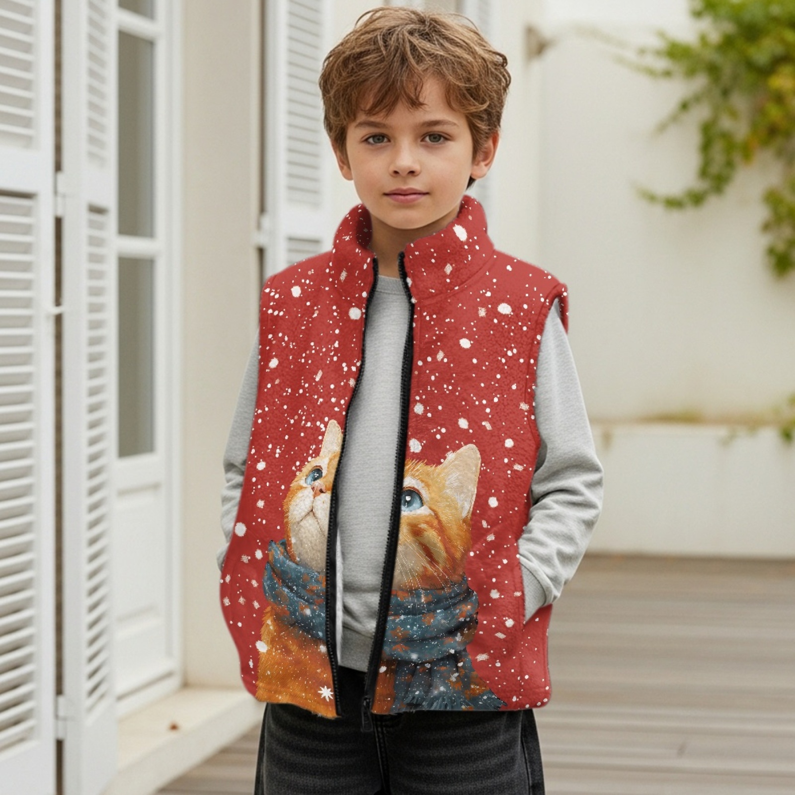 Xoenoiee Cat Snowflake Print Boys Fuzzy Sherpa Fleece Vest, Zip-Up Sleeveless Jacket with Stand Collar & Pockets, Cozy Warm Toddler Winter Outerwear, Size 11-12 Years