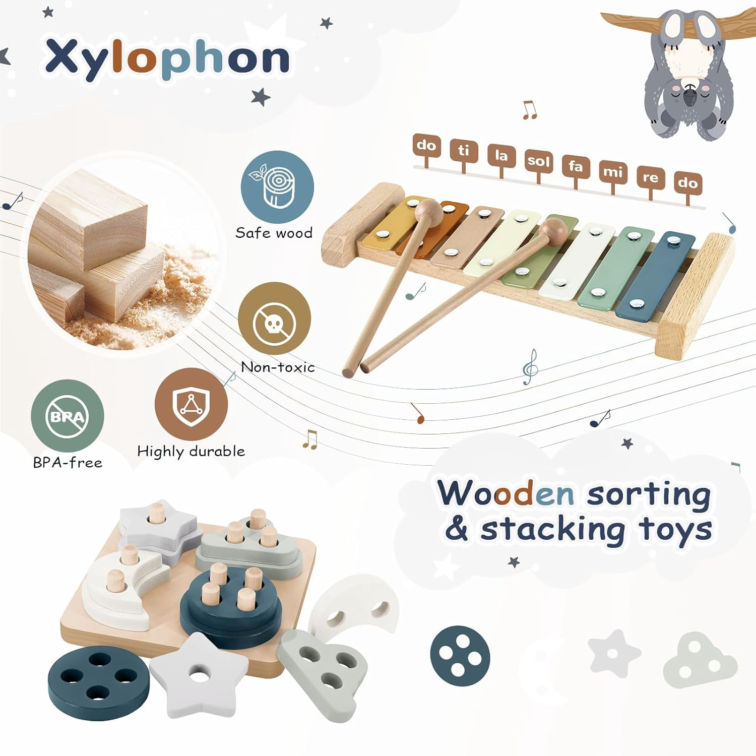 5-in-1 Montessori Baby Toy Set for 6-12 Months, Shape Sorter, Stacking Rings, Soft Blocks, Wooden Activity Toy and Xylophone, Sensory Development and Educational Gift for Infants and Toddlers