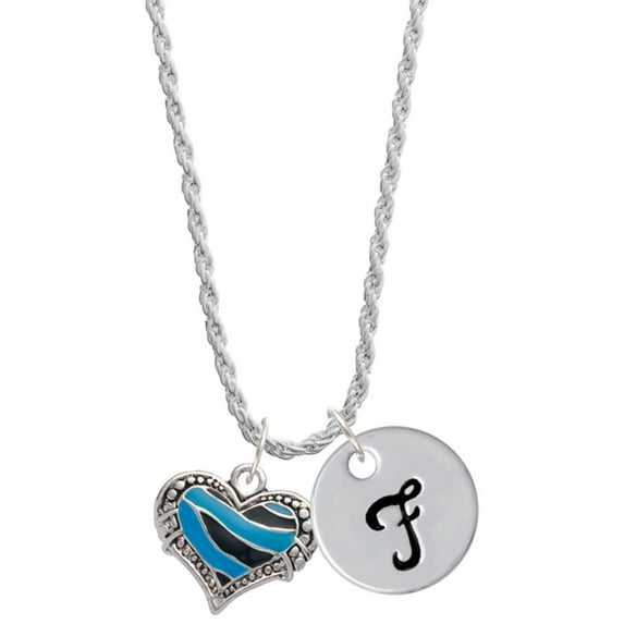 Delight Jewelry Silvertone Hot Blue Tiger Print Heart Silvertone Script Initial Disc - F - Charm Necklace, 20"+3"