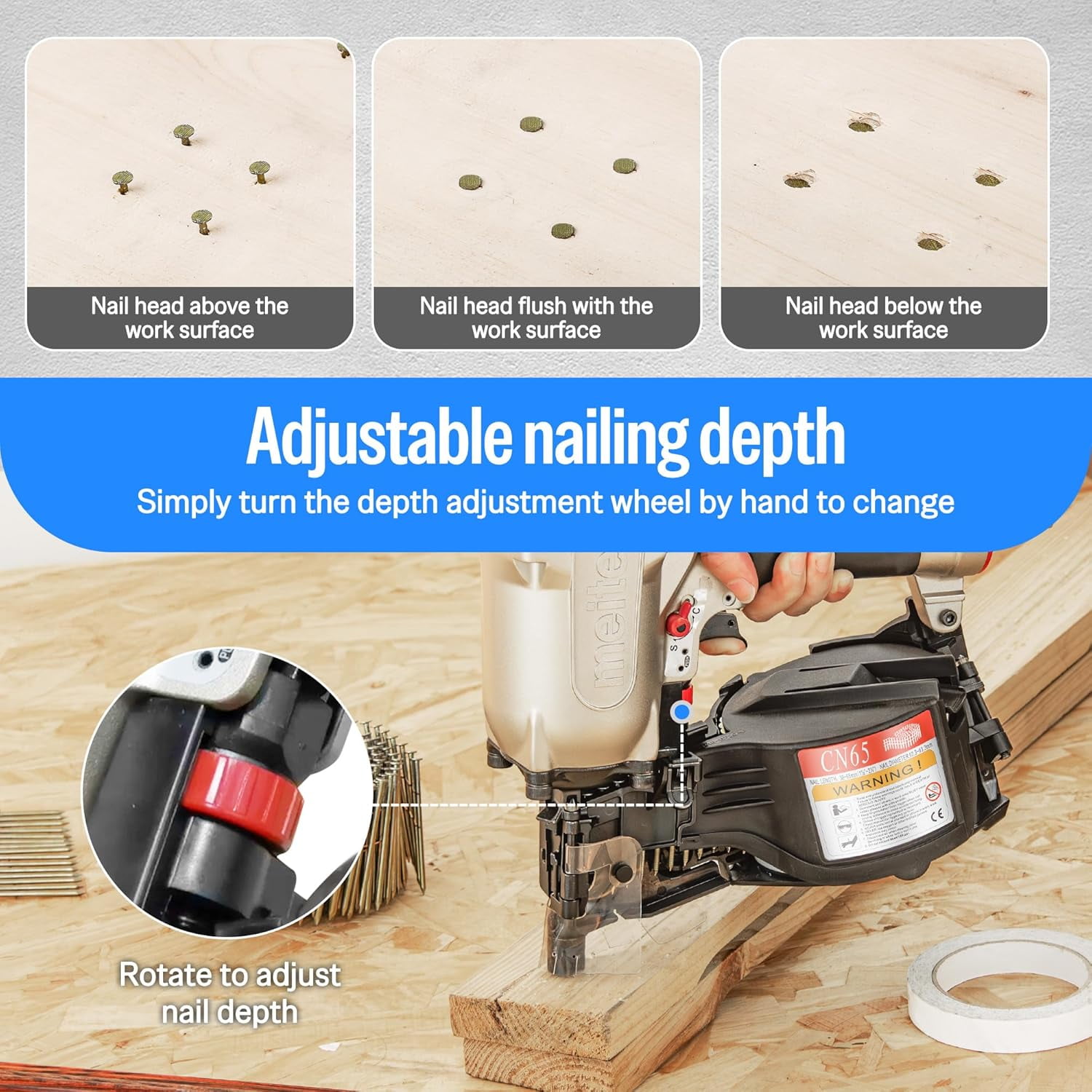 meite Pneumatic Coil Decking Nailer CN65, Drives 15 Degree 1-1/2" to 2-1/2" Length Coil Nails for Siding, Sheathing, Fencing, Roofing