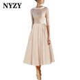 thumbnail image 1 of NYZY M345 elegante satén escote tazón hasta el té vestidos de noche color champán 2025 vestidos de fiesta de boda de cumpleaños, 1 of 5