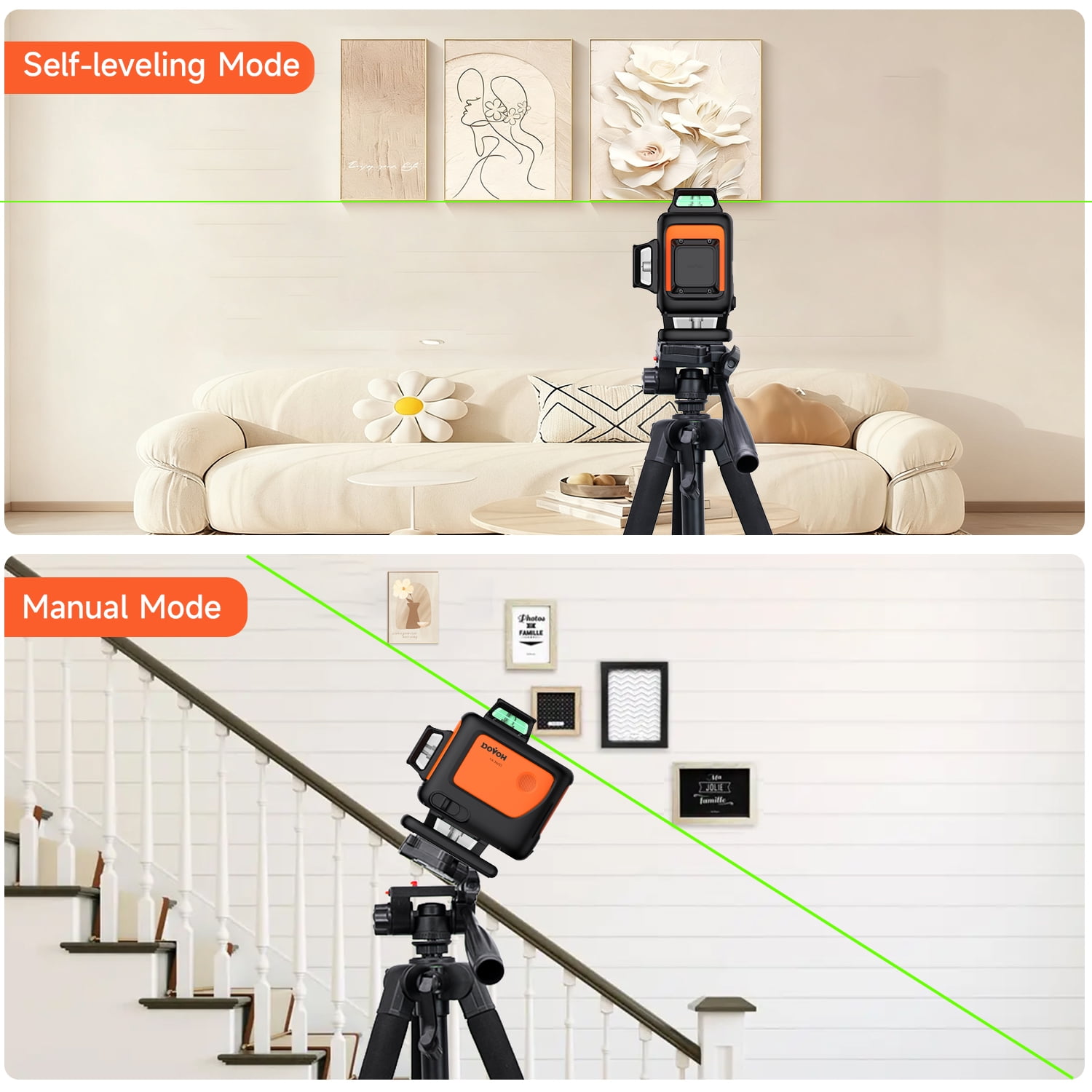 4D Laser Level with Tripod : Dual Batteries Laser Level 360 Self Leveling Green Hard Toolbox for Construction Floor Tiling Ceiling, Class Ⅱ, Y4-360G-KIT