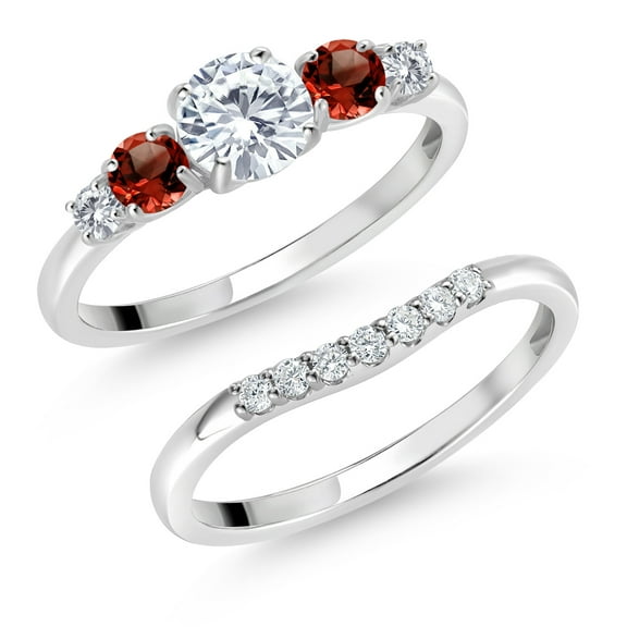 Gem Stone King 10K White Gold White Lab Grown Diamond and Red Garnet 5 Stone Bridal Engagement Wedding Ring Set for Women (0.91 Cttw, Round: 5MM and 3MM, Size 7)