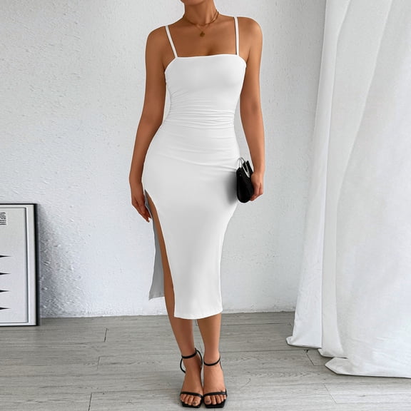 Bnwani Sleeveless Dresses,Summer Dresses for Women,Bodycon,Ruched,Slim Fit,Square Neck,White,XS