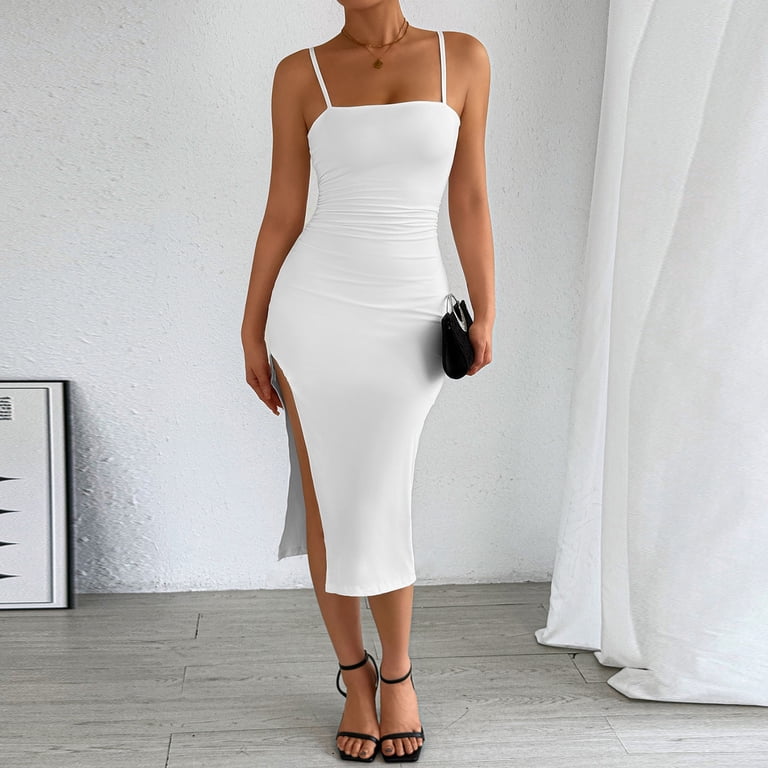 white ruched bodycon midi dress Qiopertar Women's Square Neck Spaghetti Strap Cocktail Party Night Out Elegant Slit Sleeveless Fitted Solid Color, L This dress is perfect balloon dress Zimmermann Rebellion Beaded Mermaid Size:XL 17-17.5