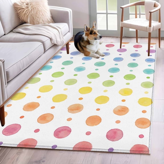Colorful Polka Dot Area Rugs 3'x5', Washable Small Throw Rugs for Living Room Bedroom, Cartoon Watercolor Geometric Indoor Outdoor Rug Non-Slip Low Pile Carpet Runner Reversible Floor Mats