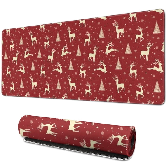 Long Mouse Pads for Desk,Red Christmas Deer and Tree Pattern Desk Mats on Top Of Desks, Desk Mouse Pad Extra Large with 3mm Non-Slip Base and Stitched Edge for Gaming,Office,Work,Home 31.5x11.8in
