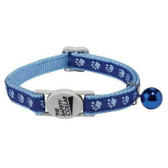 Two Tone Pawprint Cat Collar Jingle Bell Nylon Ribbon Fits 8" - 12" Choose Color (Blue)