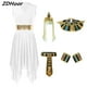 thumbnail image 2 of Conjunto de disfraz de Cleopatra egipcia para mujer, vestido con dobladillo asimétrico, cinturón, muñequeras, tocado para actuación en Halloween, 2 of 5