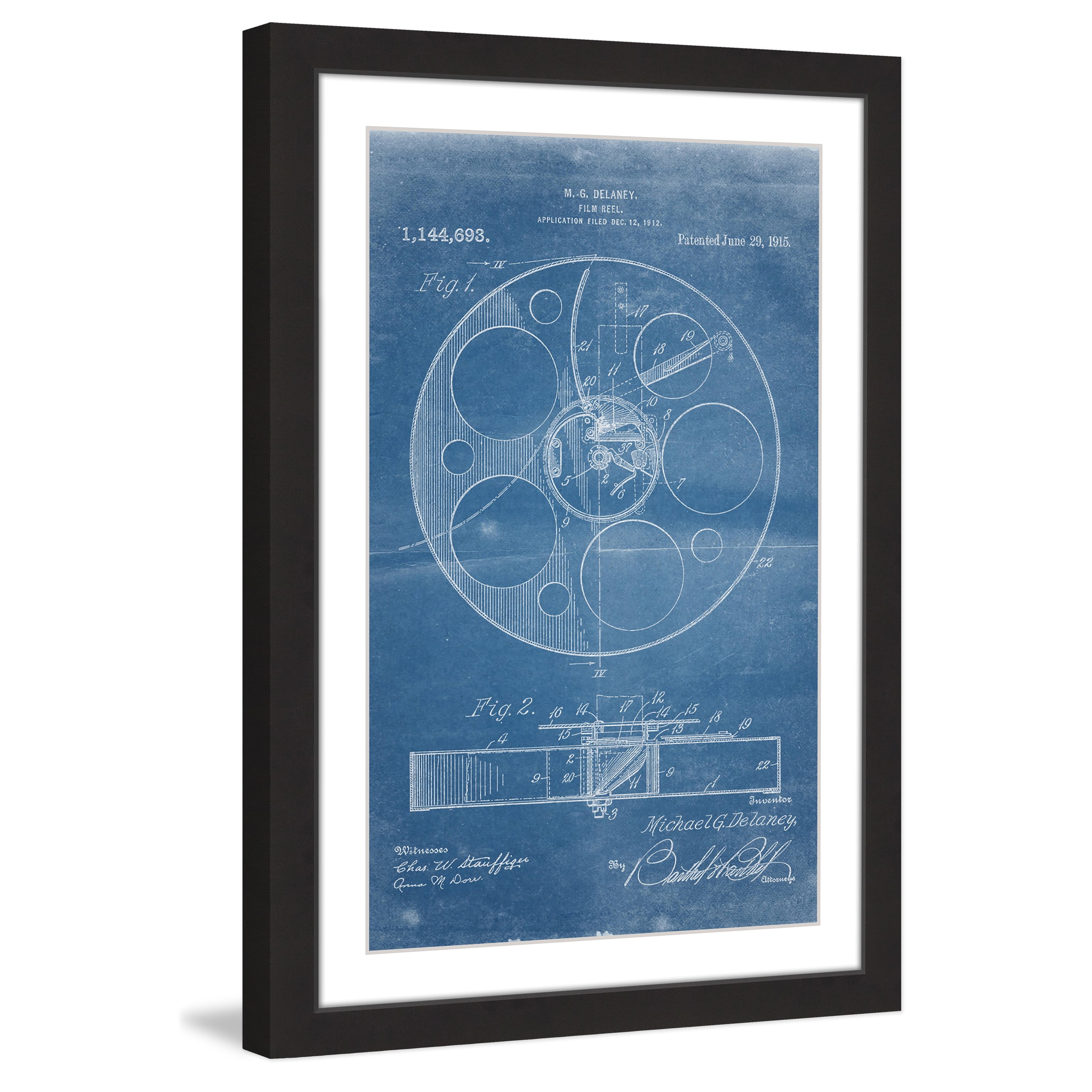 "Film Reel 1915 Blueprint" Framed Painting Art Print, 24" x 1.5"