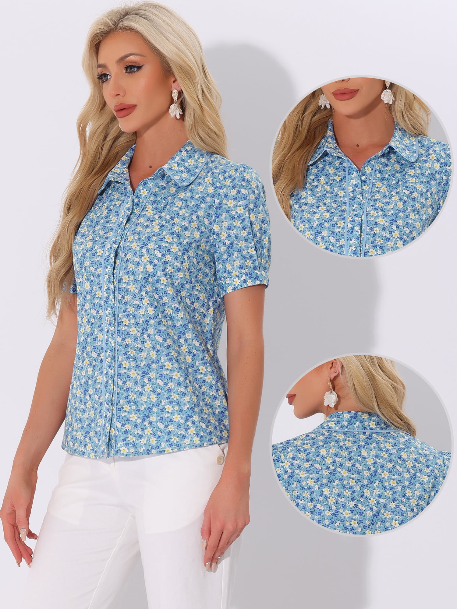 DARING DIVA Contrast Trim Puff Sleeve Peasant Shirt S Light Blue