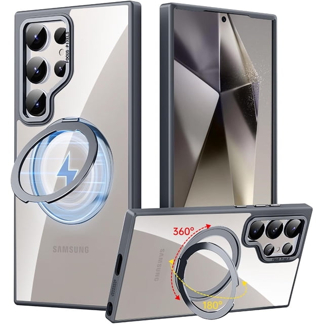 For Samsung Galaxy S24 Ultra Case, Matte Clear PC Back, Support MagSafe Accessories, Built-in Magnetic Rotatable Ring Kickstand, Magnetic Slim Stand Phone Case 6.8 Inch 5G 2024,Black