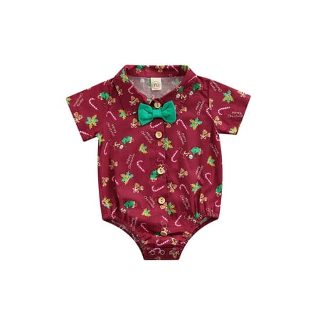

Qiylii Baby Boy Christmas Romper Lapel Neck Bow Tie Crotch Button Loose Bodysuit