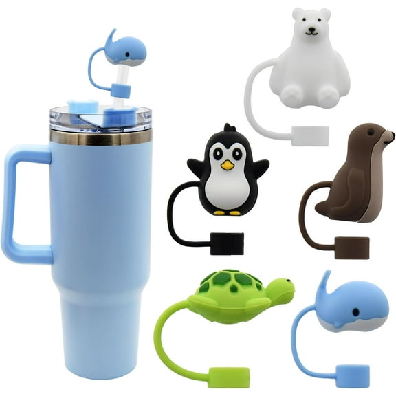 Silicone Straw Cover for 10mm Straw Covers Cap Cup Accessories, Cute Straw Topper for Tumblers Straw Cap Stopper for Reusable Straws Tip Lids (5pcs Marine-animals)