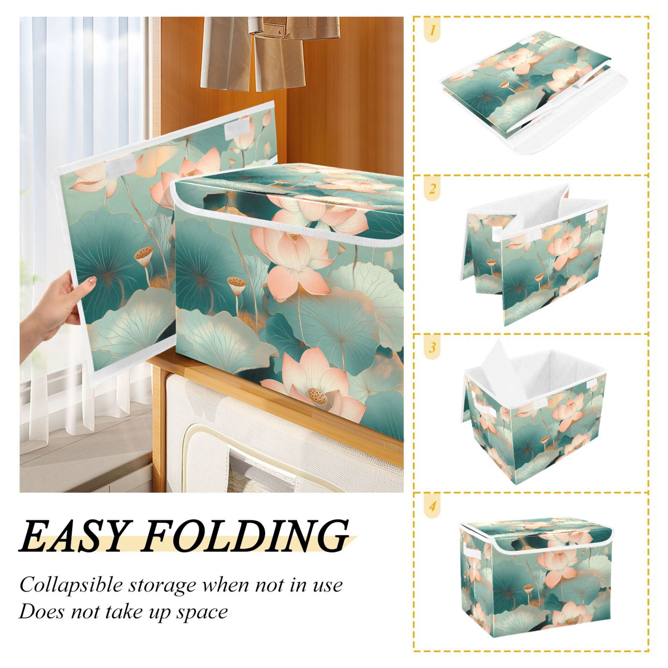 Green Lotus Picture Large Storage Bins with Linen Collapsible Lid Storage Box 16.7 x 12.6 x 11.8in