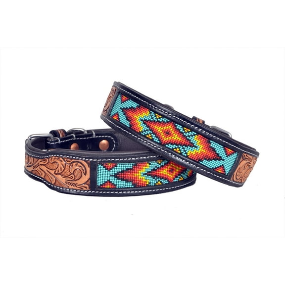 Leather Dog Collar Extra Small Size Western Style Heavy Duty Hand Tooled Adjustable Beaded and Padded Soft for Puppies and Big Dogs 10IS011-XS