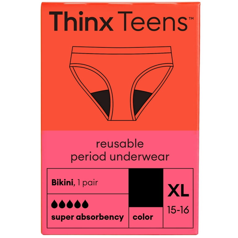 Thinx Teens Super Absorbency Cotton Bikini Period Underwear, Extra Large,  Black 