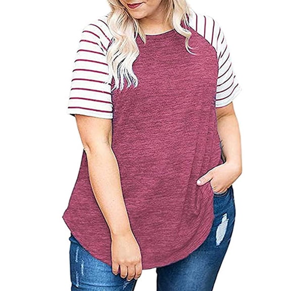 Womens T Shirts Fashion Women Splicing Stripe Short Sleeves O-Neck T-Shirt Blouse Tops clothes under $10.00