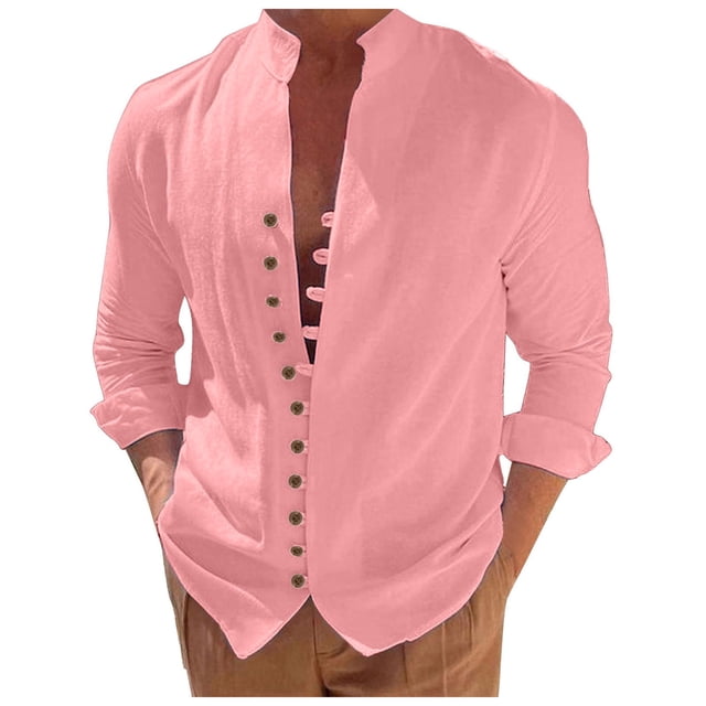 Camisa retro de algodón y lino de manga larga con botones para hombre: prenda informal para vacaciones en la playa, corte holgado, para todas las estaciones.