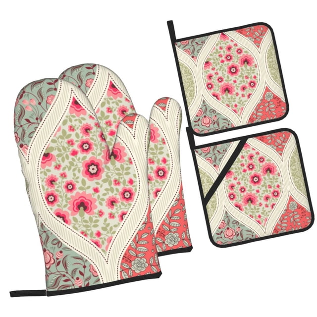 LAKIMCT Pattern Patchwork Oven Mitts and Pot Holders Sets Non-Slip Potholders Heat Resistant Oven Gloves for Kitchen Baking Cooking BBQ, 4-Piece Set