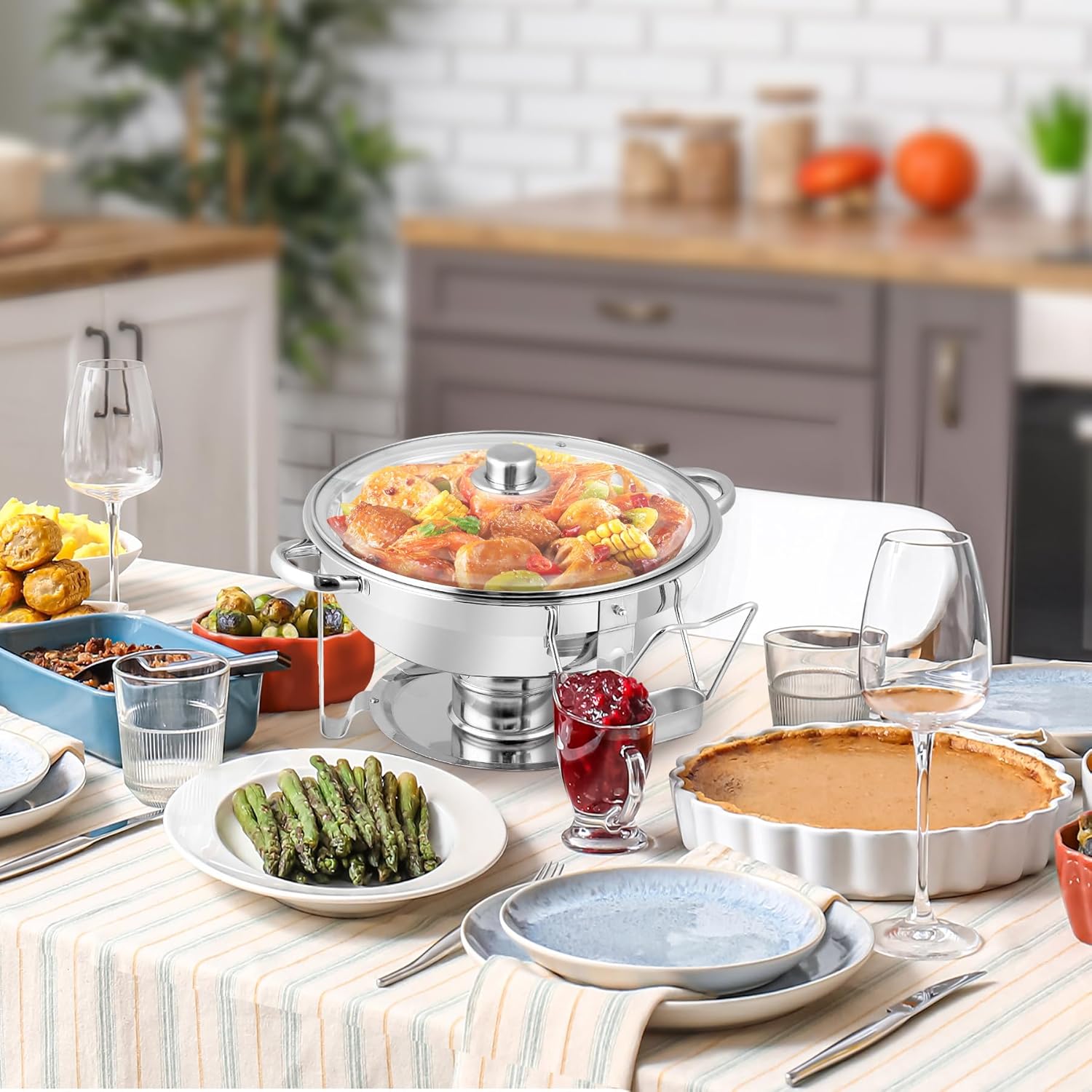4-Pack Round Chafing Dishes Buffet Set - 5QT Capacity, Stainless Steel With Glass Lids, Stand & Fuel Holder, For Catering & Events