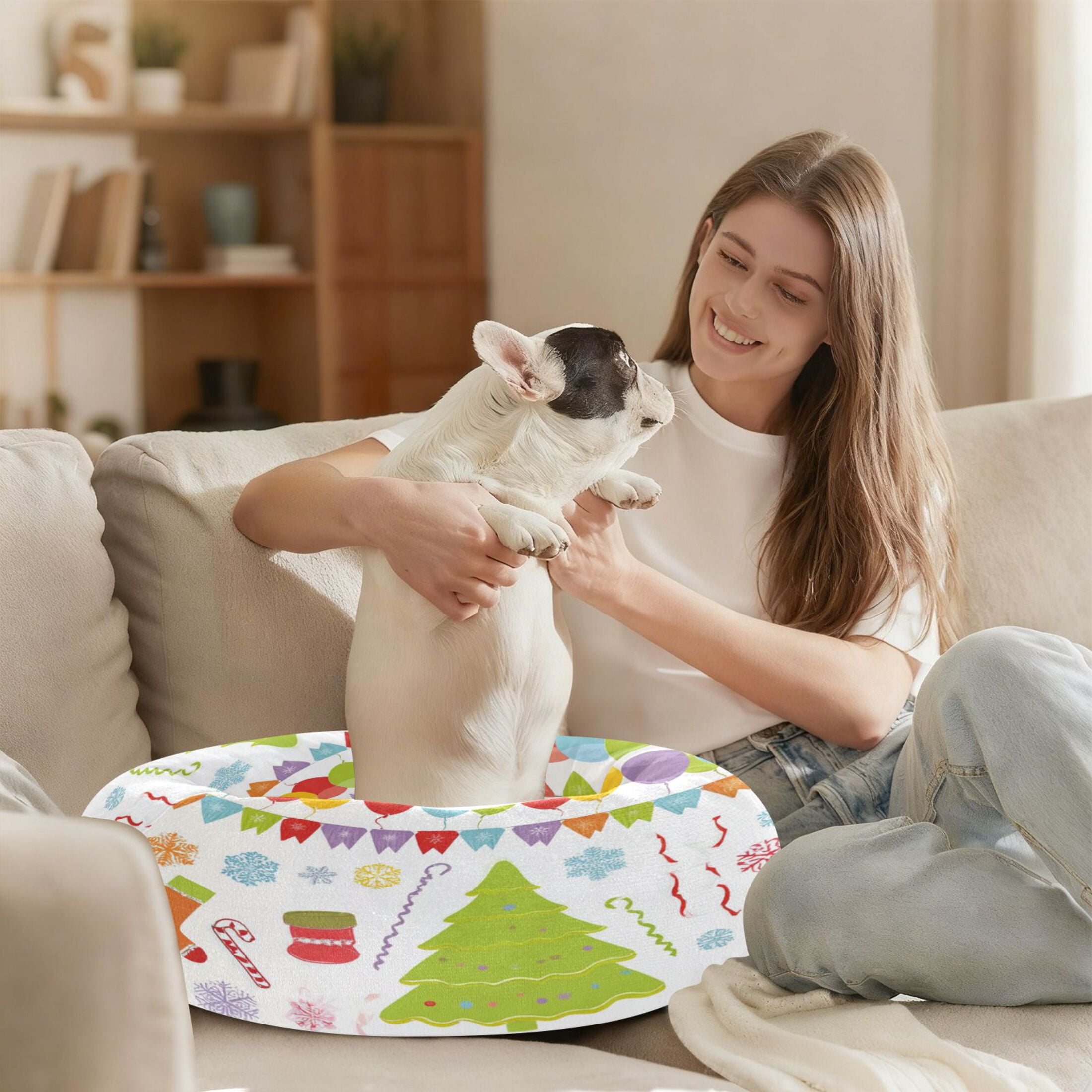 Iauyy Pet Couch Donut Cat Bed for Indoor Cats/Small Dogs Washable & Machine with Non-slip Bottom Calming Cat Furniture, A Flags Wreaths (M)