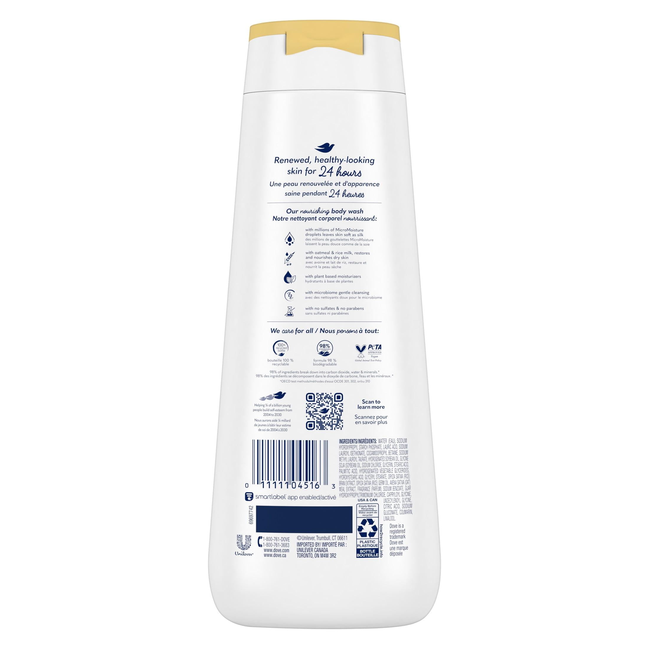 Dove Calming Long Lasting Gentle Women's Body Wash All Skin Type, Oatmeal and Rice Milk, 20 fl oz