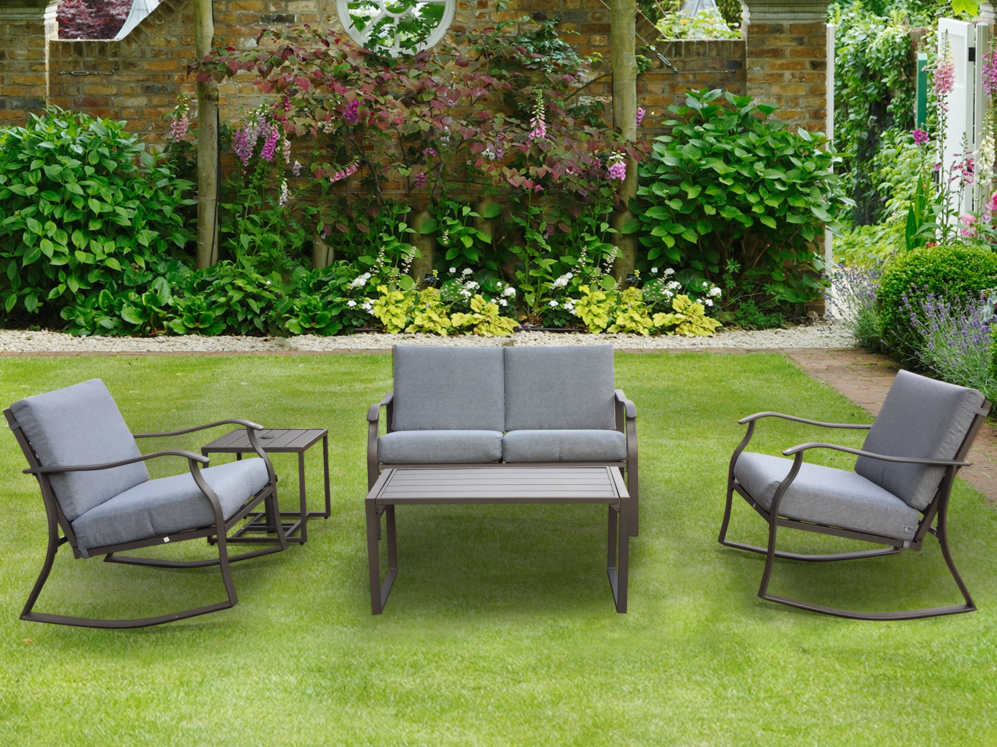 Patio Set of 5, Outdoor Furniture with 2 Rocking Chairs, Patio Metal Coffee Table, End Table