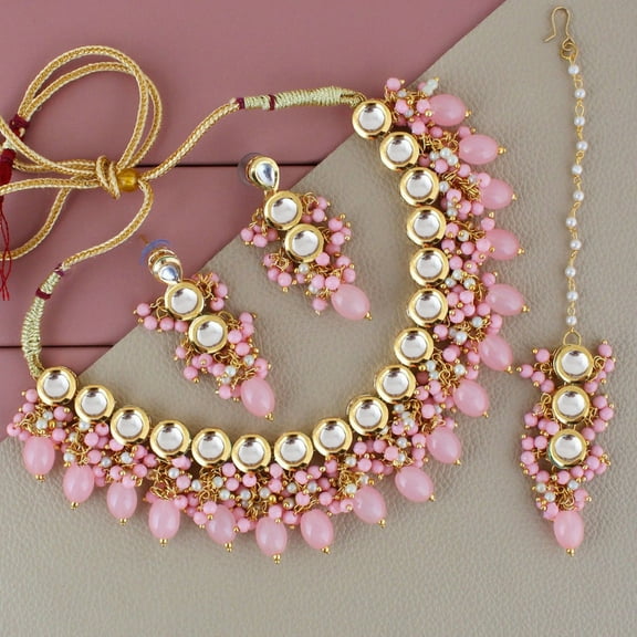 Lucky Jewellery Back Meenakari Stone Bollywood Style Handcrafted Indian Jewelry 18k Gold Plated Pink Color Tika Earring Combo Uncut Big Faux Kundan Choker Necklace Set