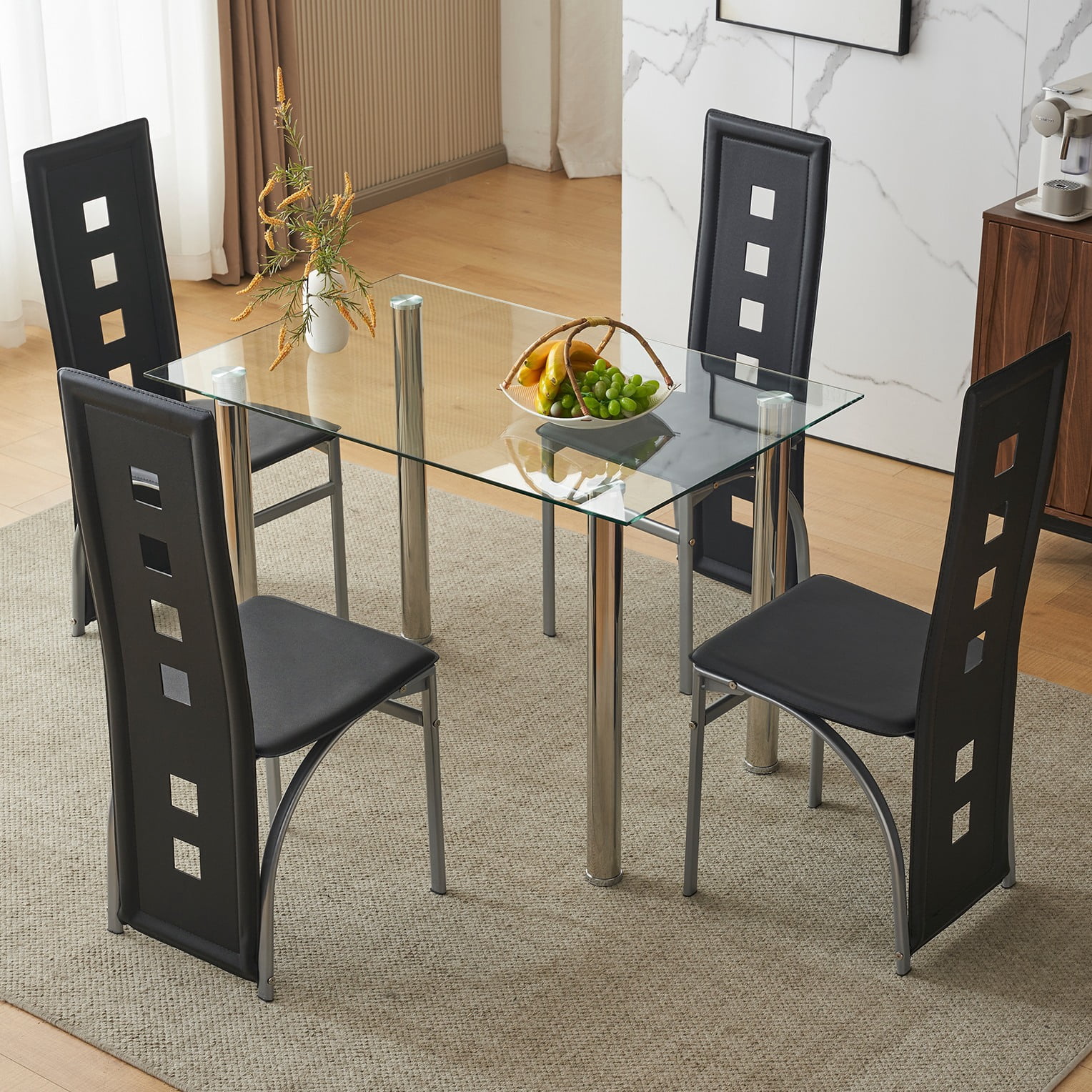 Ktaxon Modern 5 Piece Dining Table Set for 4, Glass Kitchen Table with 4 PU Padded Upholstered Chairs for Family Dinners, Breakfast, Black