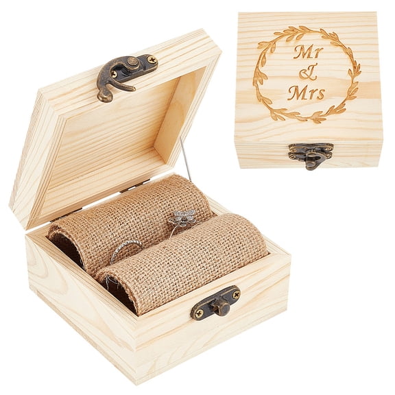 Wooden Ring Box Mr & Mrs Engraved Ring Box Vintage Ring Bearer Box Square Rustic Ring Carrier Box with Burlap Line for Wedding Ceremony
