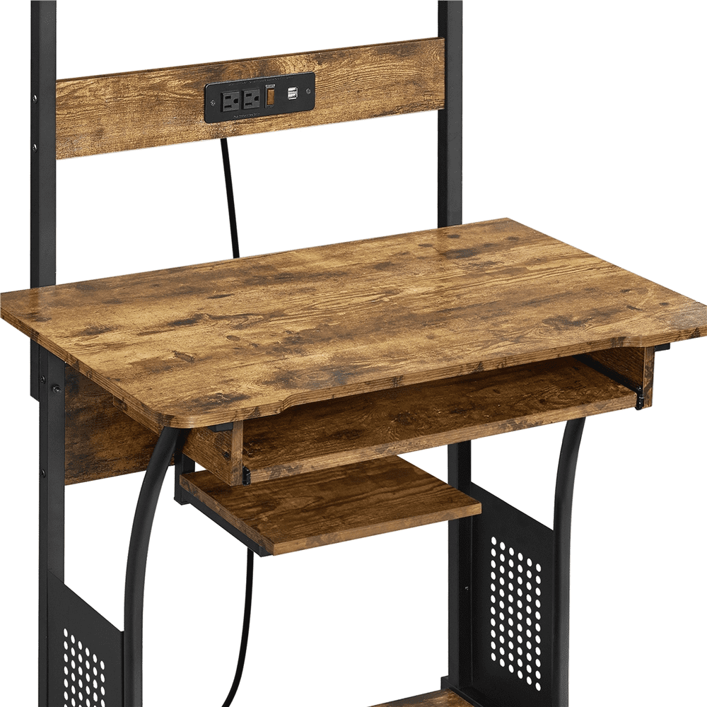 Yaheetech 3 Tiers Computer Desk with Charging Station for Home Office,Rustic Brown