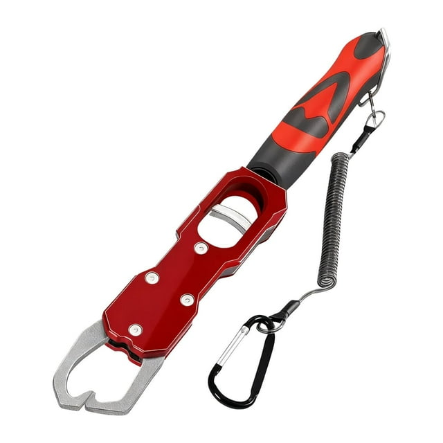 S SERENABLE Fish Lip Gripper Fish Landing Tool Built in Scale 39 Pound with Lanyard Non Slip for Freshwater Saltwater Hook Remover Holder Red