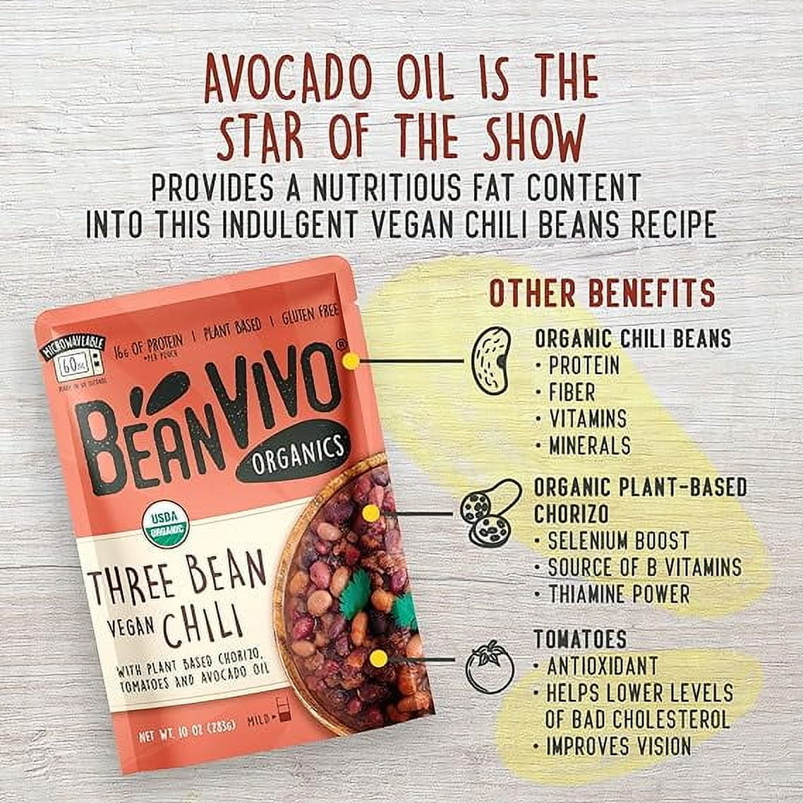 (4 pack) BeanVIVO Organics Three Bean Vegan Chili - Good Source of Fiber - Nutritious & Microwave Meals - Gluten-Free Plant Food - 10 oz Pouch