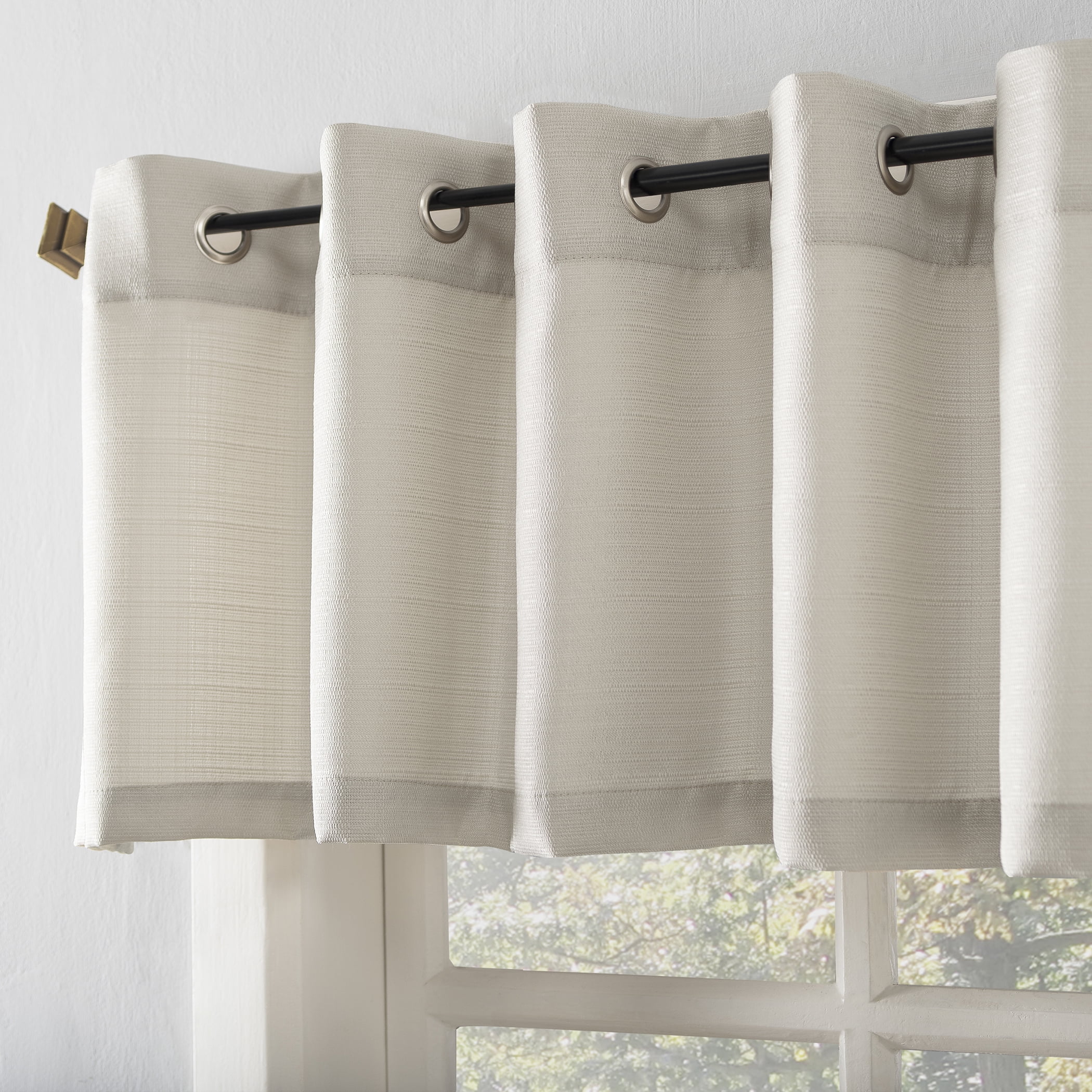 Mainstays Solid Semi Sheer Curtain Tier Pair and Valance Set,3 Piece Ready Made Kitchen Curtains, Beige, 54" W x 24" L