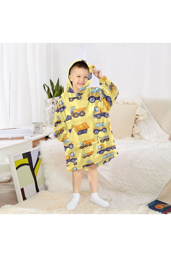 Wearable Blanket Hoodie Oversized Sherpa Flannel Blankets with Pocket for 3-14 Year Old Backhoe Excavator Dump Truck