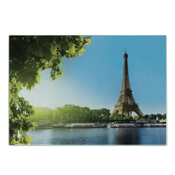 Paris Cutting Board, Eiffel Tower France European River Design in a Sunny Open Sky Summer Day Print, Decorative Tempered Glass Cutting and Serving Board, in 3 Sizes, by Ambesonne