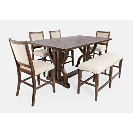Fairview Mid-Century Distressed 78" Six-Piece Upholstered Dining Set with Bench