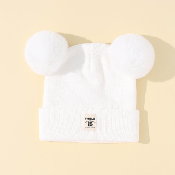 Gorro de lana de color sólido acrílico para niños, gorro de punto estándar para otoño e invierno, con doble bola, para bebés