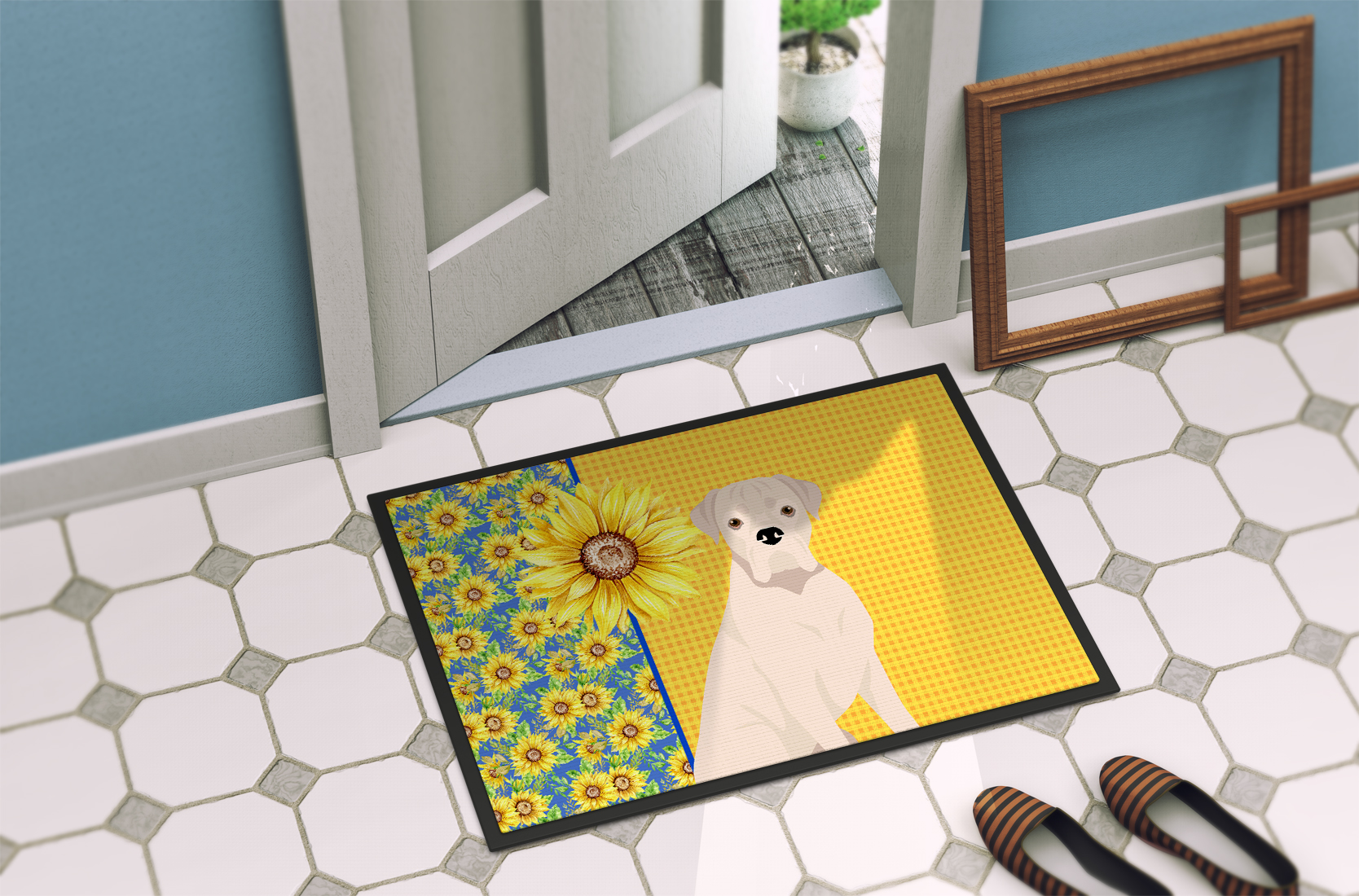 Summer Sunflowers Natural Eared White Boxer Indoor or Outdoor Mat 18x27 27 in x 18 in