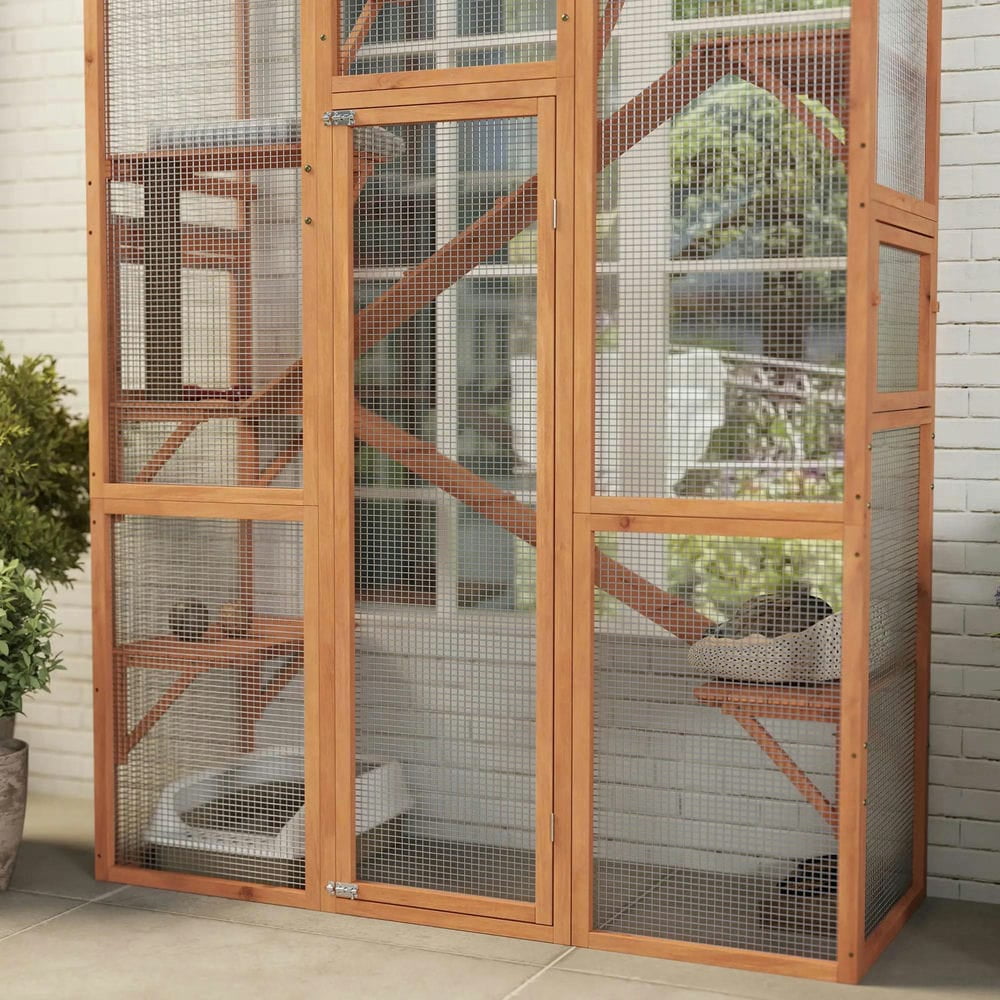 Topcobe Outdoor Catio Cat Enclosure, Large Wooden Cat House with 6 Jumping Platforms, Scratching Post, 2 Ramps, for 2-3 Kittens, Outdoor Wooden Feral Cat Shelter