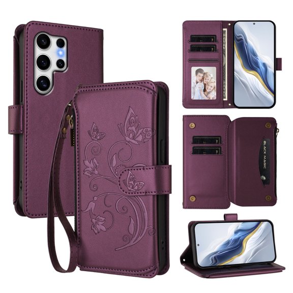 Dteck Wallet Crossbody Strap Case for Samsung Galaxy S24 Ultra,Magnetic Leather TPU Card Slots Zipper Wallet Case Shockproof Kickstand Cover with Detachable Wrist Strap / Shoulder Strap,Darkpurple