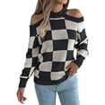 thumbnail image 3 of Women'S Color Block Checkered Off-Shoulder Long Sleeve Y2K Plaid Knitted Pullover Sweater Tops Vintage Sweater Black M, 3 of 9