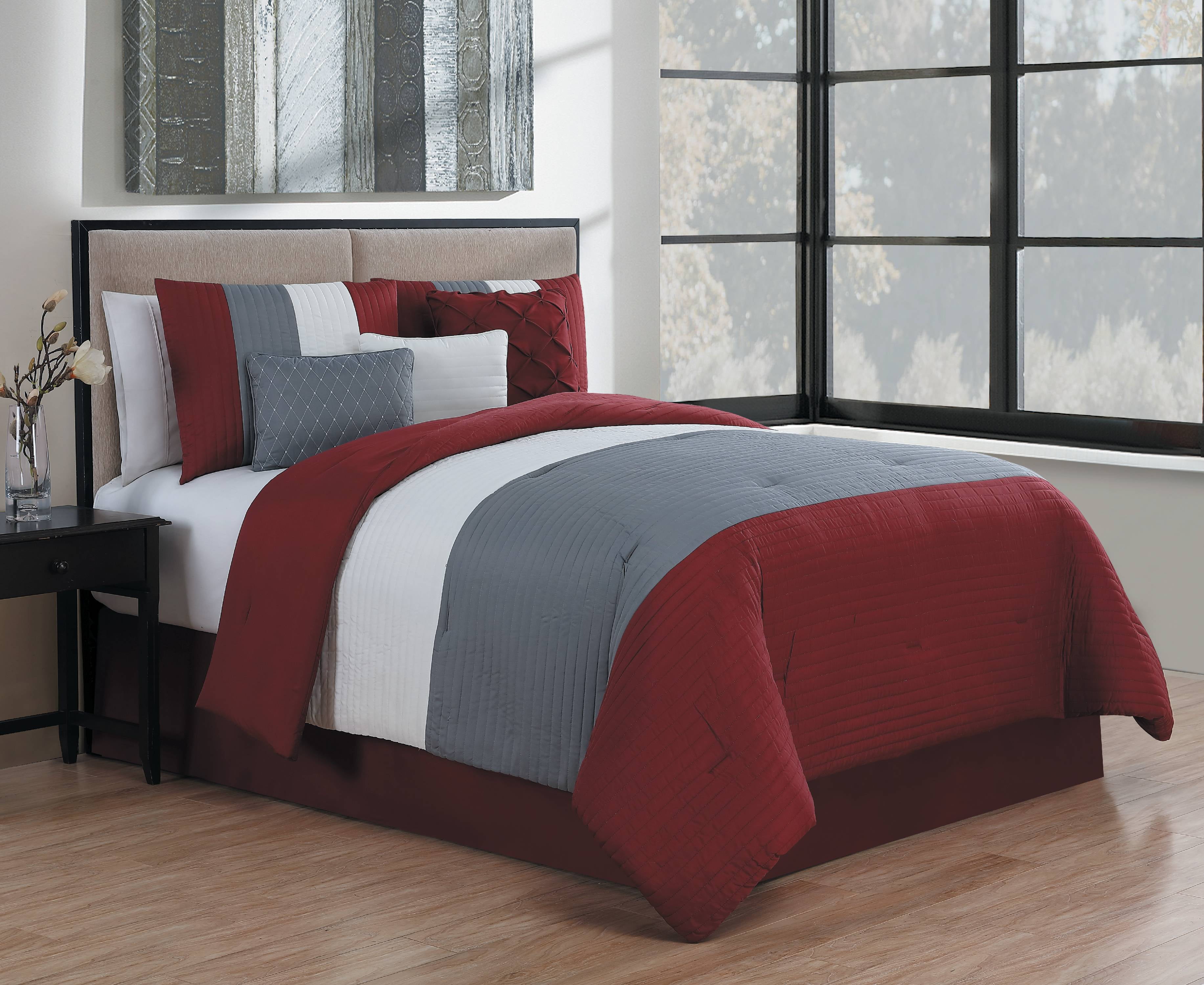 Manchester 7pc Comforter Set King Burgundy/Grey/White