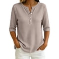 thumbnail image 3 of Womens Soft Basic T Shirt Summer Tops Short Sleeve Button down V Neck Tees Casual Work Outfits Everyday Wear by Yigetop Khaki S, 3 of 7