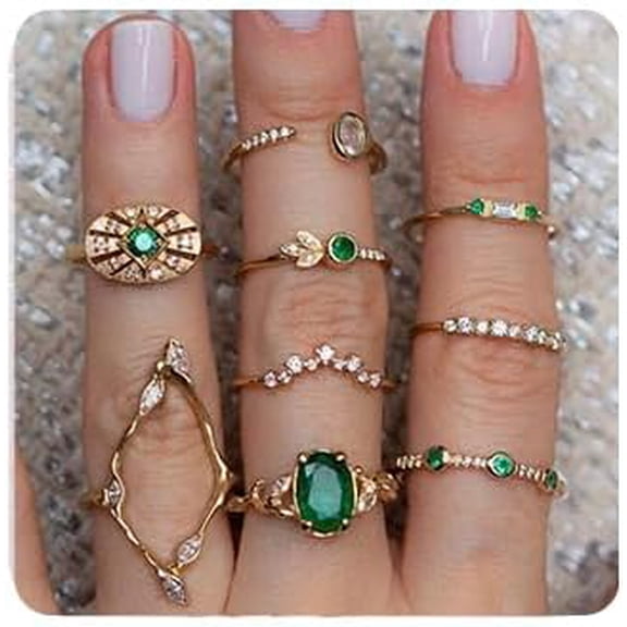 9 Pcs Bohemian Stackable Joint Knuckle Ring Set Vintage Green Crystal Finger Ring Golden Midi Ring Pack for Women