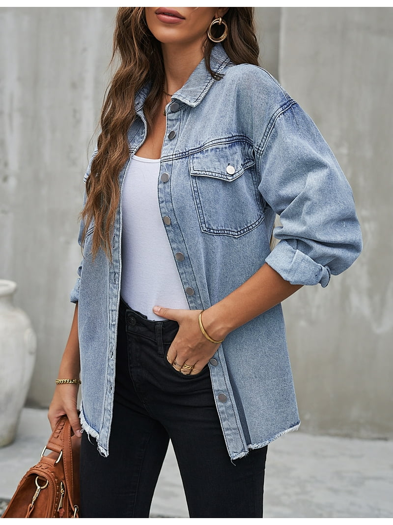 Luvamia Women's Oversized Button Up Frayed Hem Shacket Long Sleeve